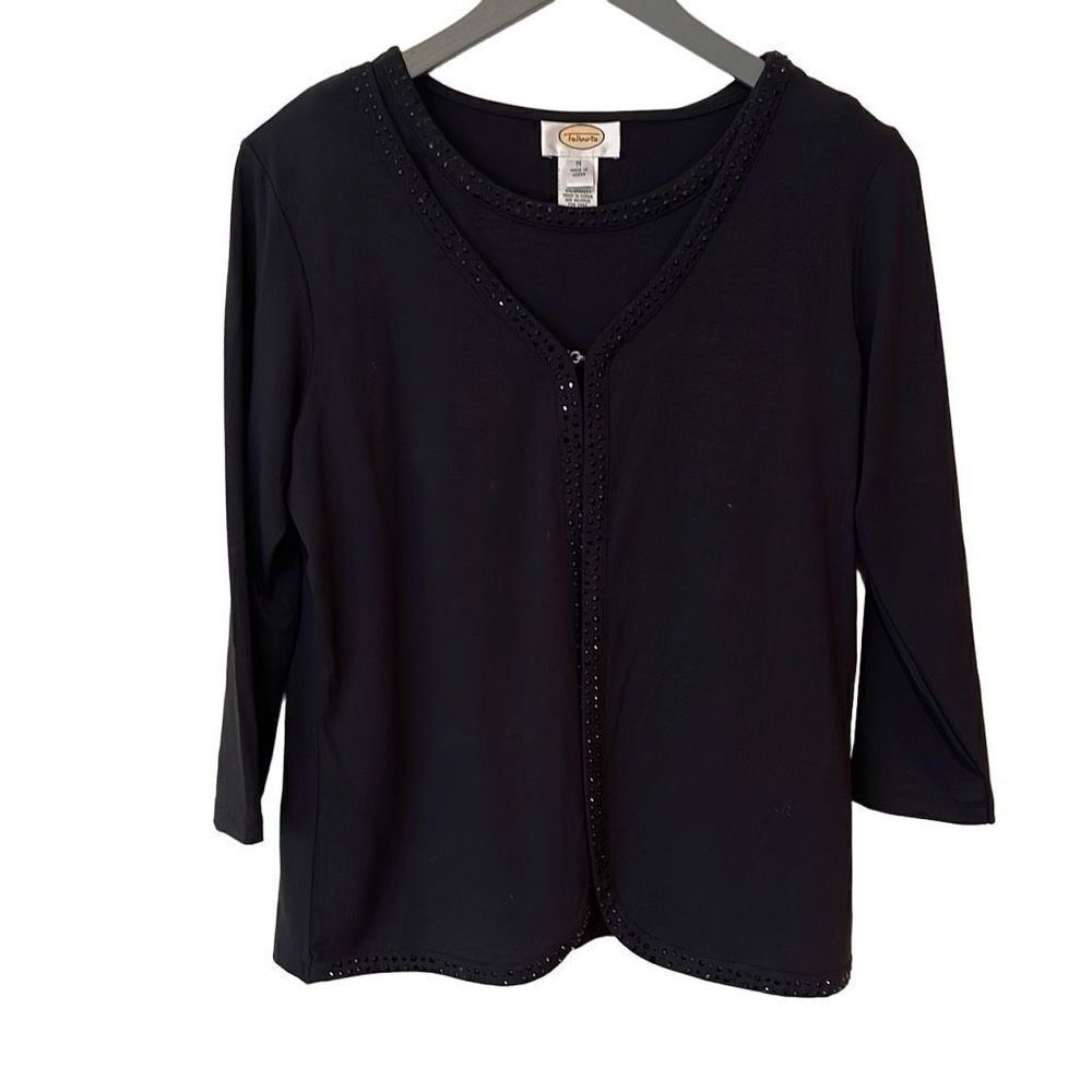 Talbots Women's 2pc Tank Top Sweater Set Cardigan Rhinestone Trim Black Medium